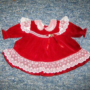 Vintage Baby Girls Red Velvet Dress With Lace 3-6 Months Made in USA 1980s